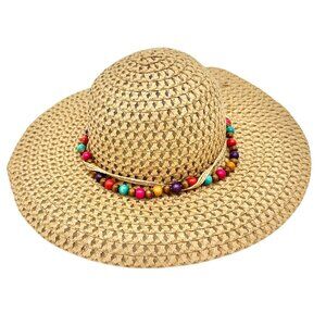 Wide Brim Straw Sun Hat With Multicolor Beaded Band One Size Lightweight Stylish